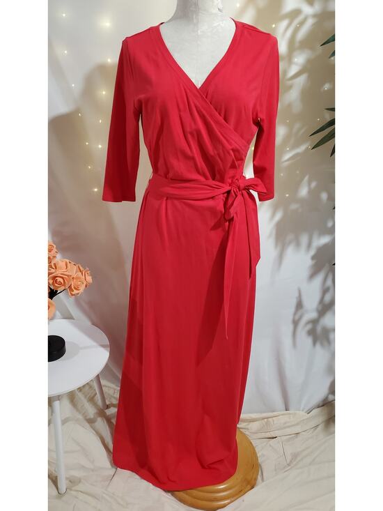 Soft Surroundings Dresses & Skirts - Soft Surroundings Faux Wrap Tie Waist Maxi Dress Size S Red 1/2 Sleeve V-Neck